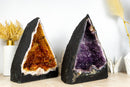 Pair of Book-Matching Amethyst and Citrine Cathedral Geodes with Shiny Druzy and Flower Rosettes - 39.1 Kg - 86.2 lb