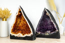Pair of Book-Matching Amethyst and Citrine Cathedral Geodes with Shiny Druzy and Flower Rosettes - 39.1 Kg - 86.2 lb