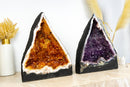 Pair of Book-Matching Amethyst and Citrine Cathedral Geodes with Shiny Druzy and Flower Rosettes - 39.1 Kg - 86.2 lb