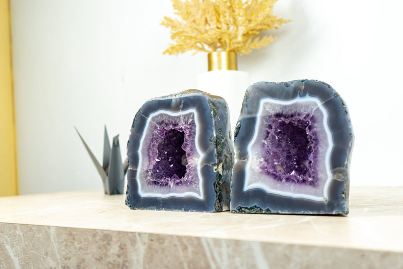 Pair of Small Purple Amethyst Cathedral Geodes with Banded Agate  AA Quality