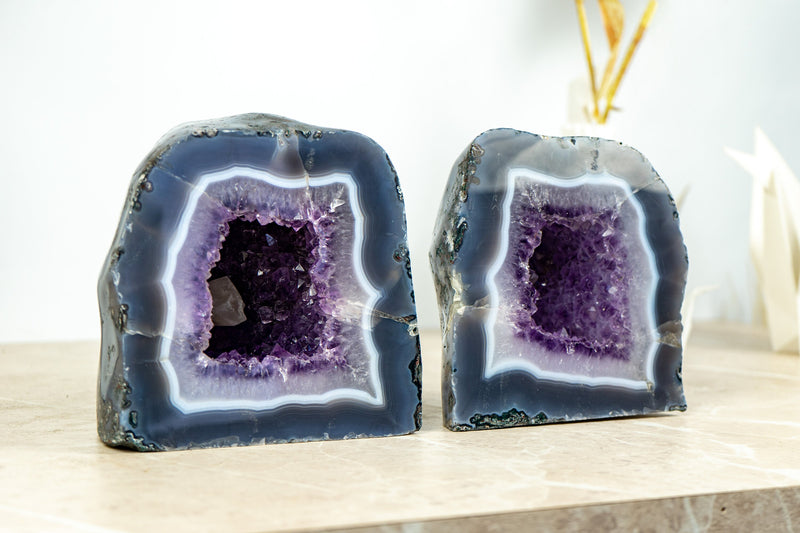 Pair of Small Purple Amethyst Cathedral Geodes with Banded Agate  AA Quality