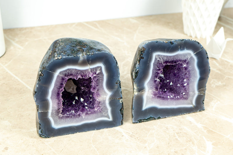 Pair of Small Purple Amethyst Cathedral Geodes with Banded Agate  AA Quality