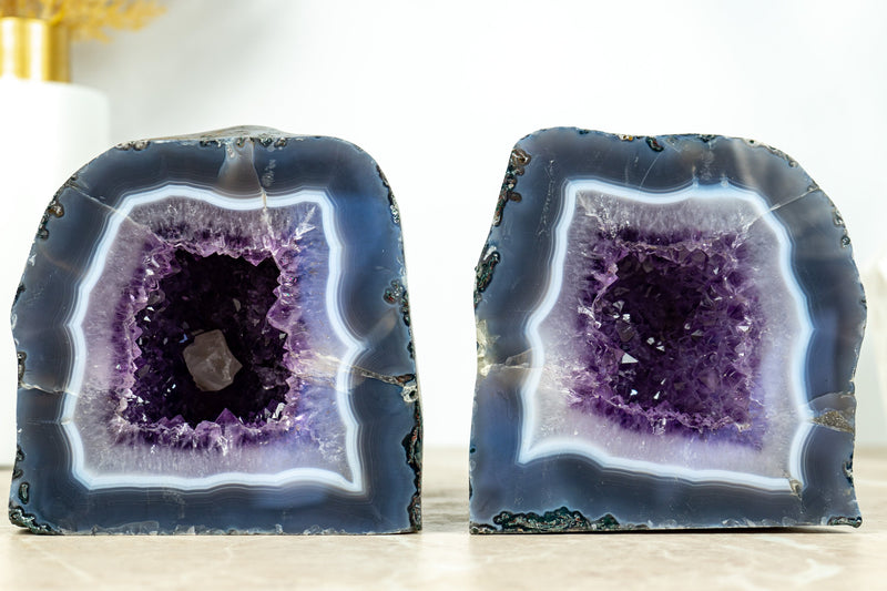 Pair of Small Purple Amethyst Cathedral Geodes with Banded Agate  AA Quality