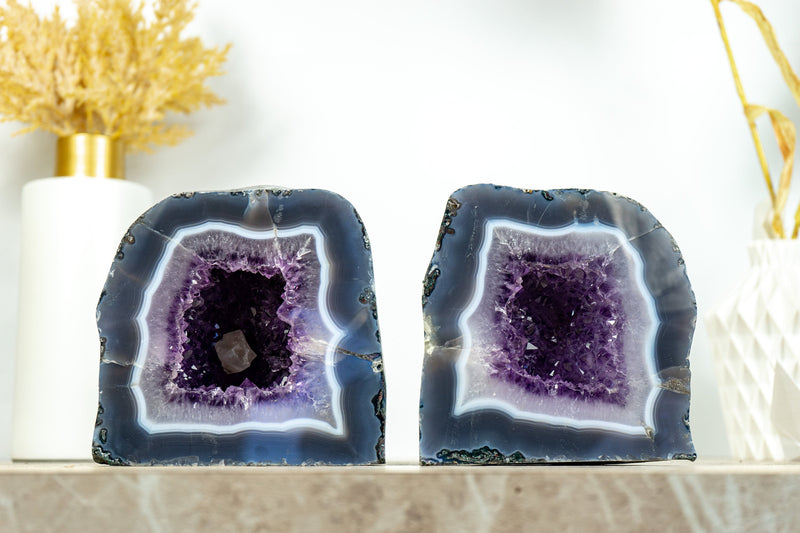 Pair of Small Purple Amethyst Cathedral Geodes with Banded Agate  AA Quality
