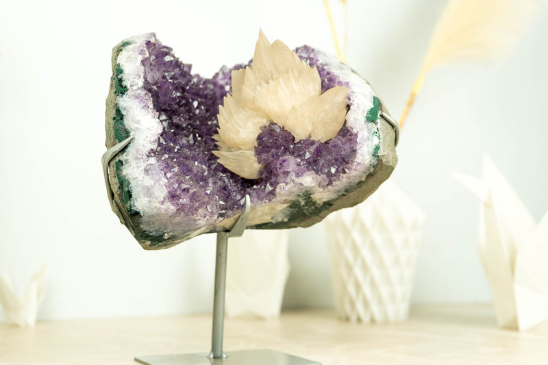 Amethyst Cluster with Rare Elestial Calcite Formation on Stand