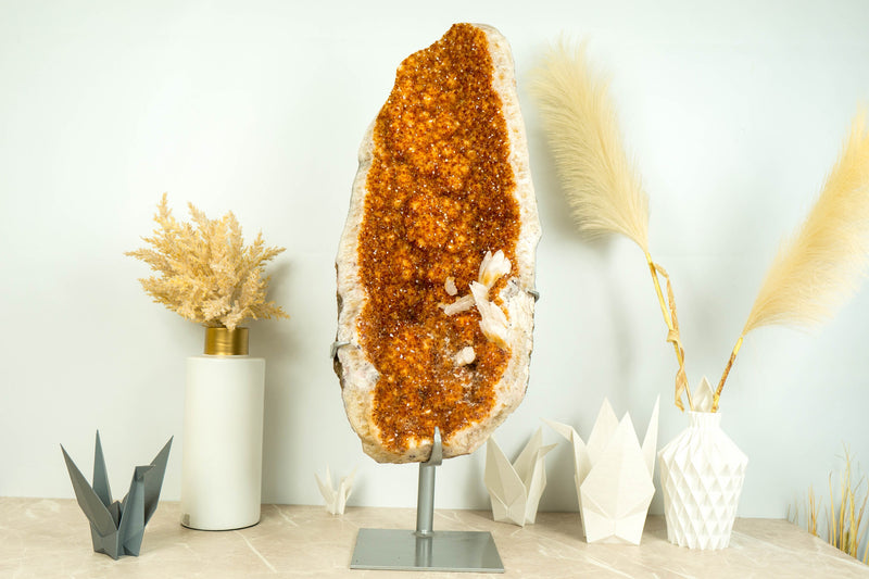 Large and Tall Deep Orange Citrine with Calcite Formations