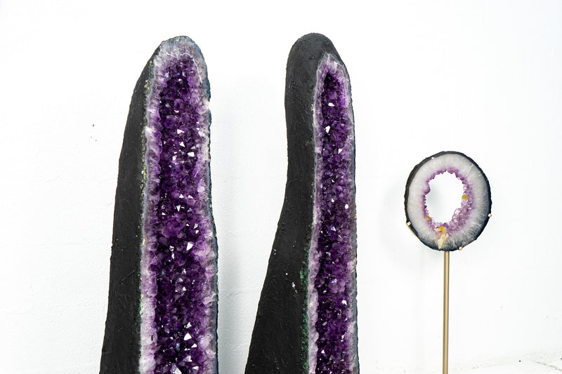 Pair of Tall Amethyst Cathedral Geodes with Purple, and Large Amethyst Druzy