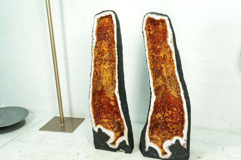 Paar superhohe Citrin-Kathedralgeoden vom AAA-Standard mit funkelnden Citrin-Drusen in Dunkelorange, 40 Zoll hoch, 145 kg – 319 lb