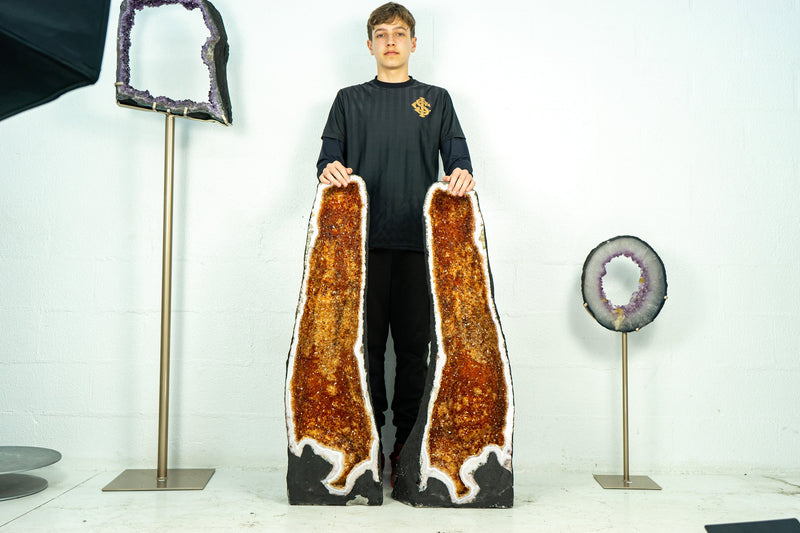 Paar superhohe Citrin-Kathedralgeoden vom AAA-Standard mit funkelnden Citrin-Drusen in Dunkelorange, 40 Zoll hoch, 145 kg – 319 lb