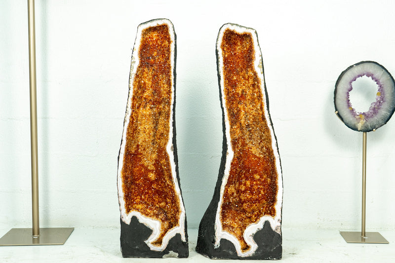 Pair of AAA Super Tall Citrine Cathedral Geodes with Deep Orange Citrine Sparkly Druzy, 40 In Tall, 145 Kg - 319 lb