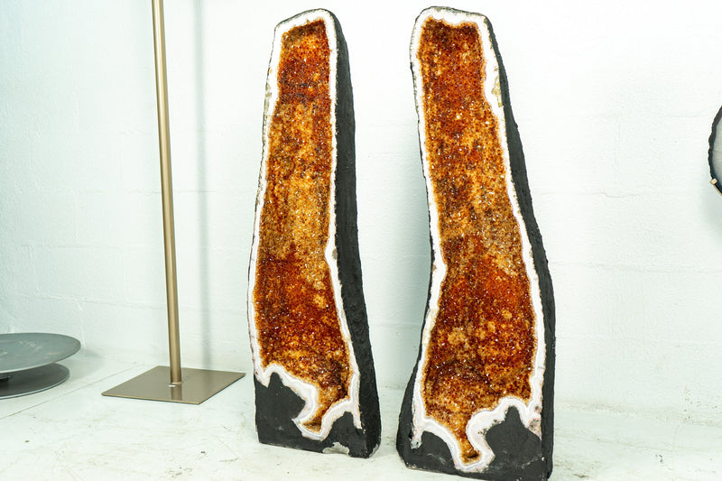 Paar superhohe Citrin-Kathedralgeoden vom AAA-Standard mit funkelnden Citrin-Drusen in Dunkelorange, 40 Zoll hoch, 145 kg – 319 lb