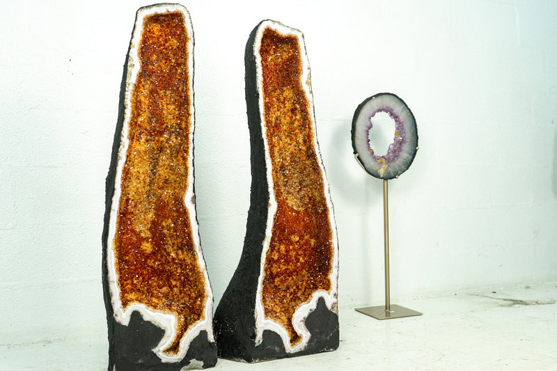 Pair of AAA Super Tall Citrine Cathedral Geodes with Deep Orange Citrine Sparkly Druzy, 40 In Tall, 145 Kg - 319 lb