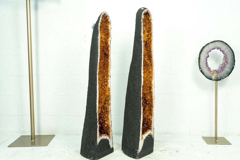 Pair of Tall Citrine Cathedral Geodes with Deep Orange Citrine, 3&