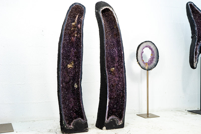 Spectacular Pair of X-Tall Amethyst Cathedral Geodes with Galaxy Druzy with Golden Goethite Cave - 151 Kg - 333 lb