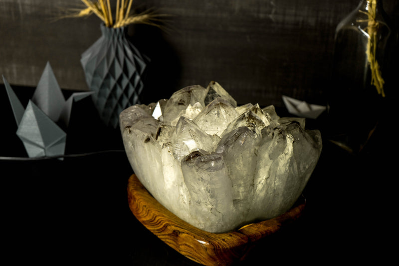 White Amethyst Geode Lamp In Bespoke Brazilian Wood Base