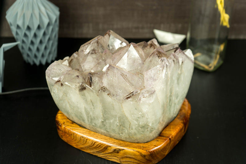 White Amethyst Geode Lamp In Bespoke Brazilian Wood Base