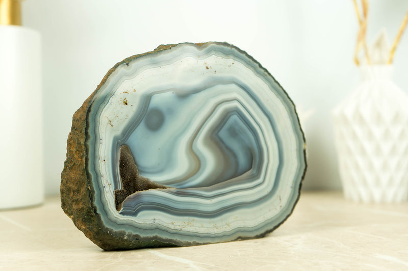 Natural Blue Lace Agate Geode Slice with White and Blue Lines