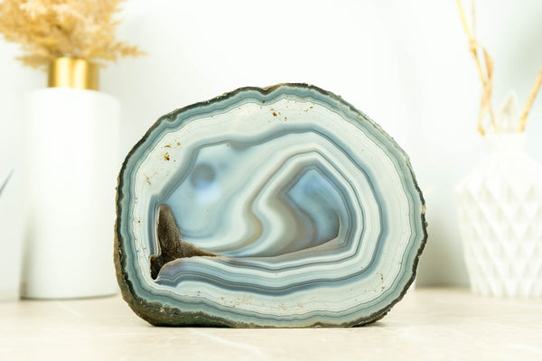 Natural Blue Lace Agate Geode Slice with White and Blue Lines