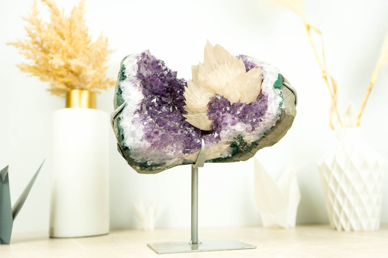 Amethyst Cluster with Rare Elestial Calcite Formation on Stand