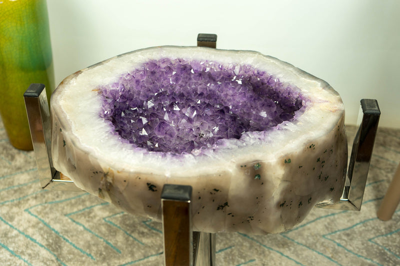 Lavender Purple Amethyst with Agate Side Table on Handmade Inox Base