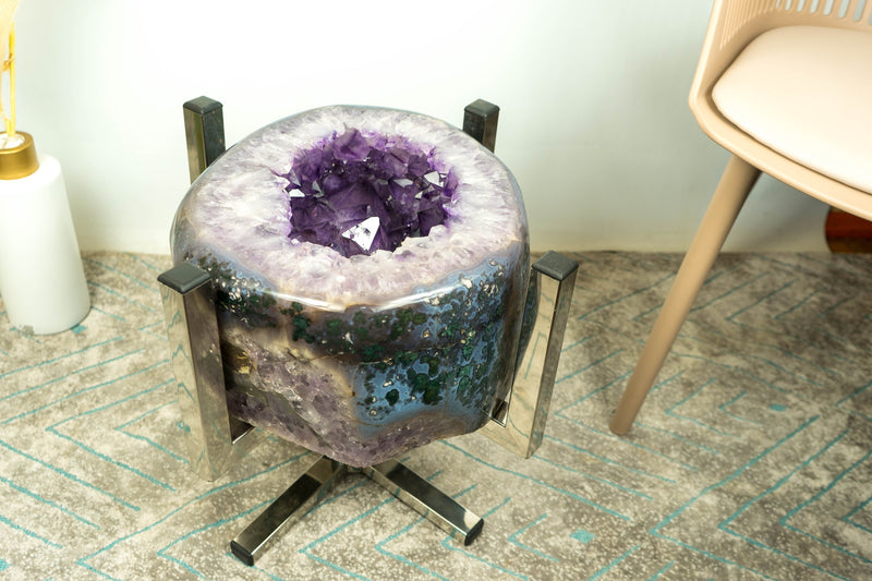 Amethyst mit Moosachat-Geode, Beistelltisch oder Couchtisch