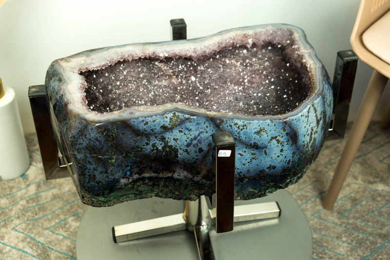 Einmaliger Galaxy Amethyst Geode Beistelltisch auf handgefertigtem Inox-Sockel