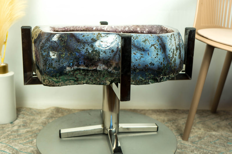 Einmaliger Galaxy Amethyst Geode Beistelltisch auf handgefertigtem Inox-Sockel
