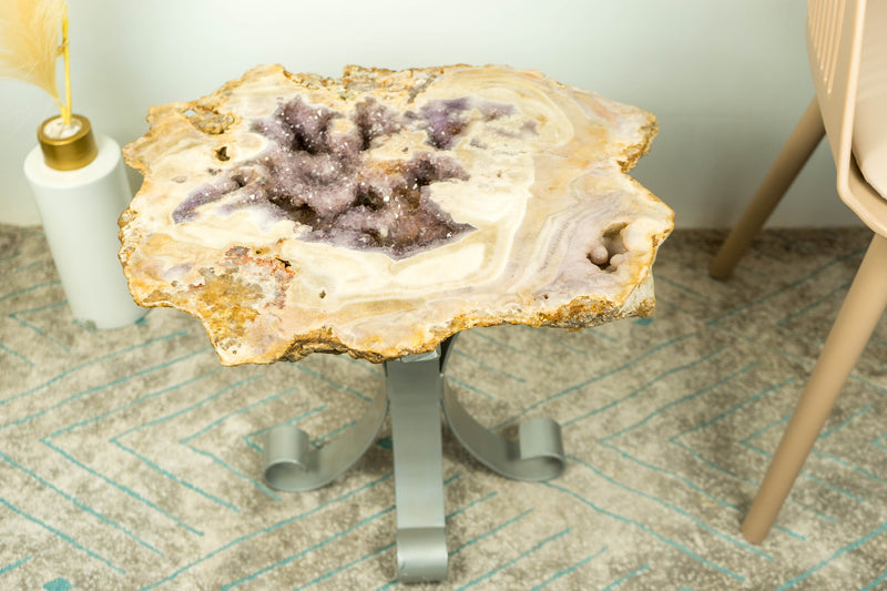 Couchtisch (oder Beistelltisch) aus Kristall mit einer seltenen rosa Amethyst-Geode