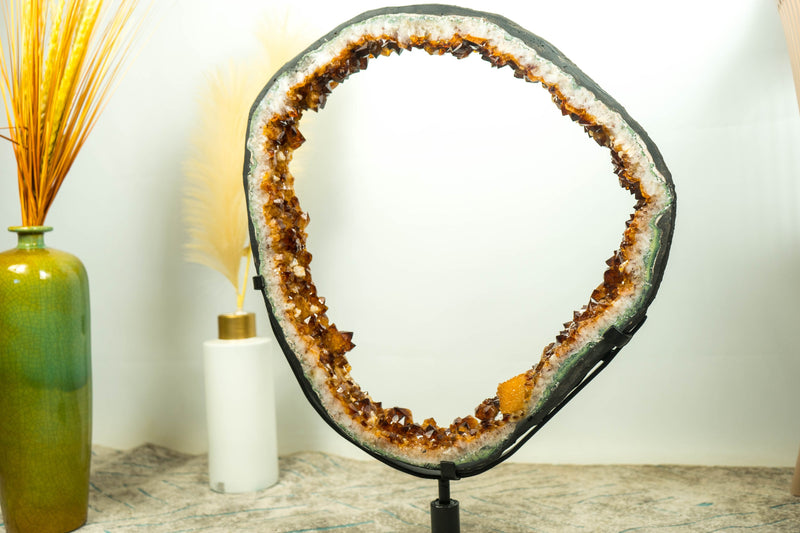 Rare Large Citrine Geode Slice with Deep Orange Citrine Druzy