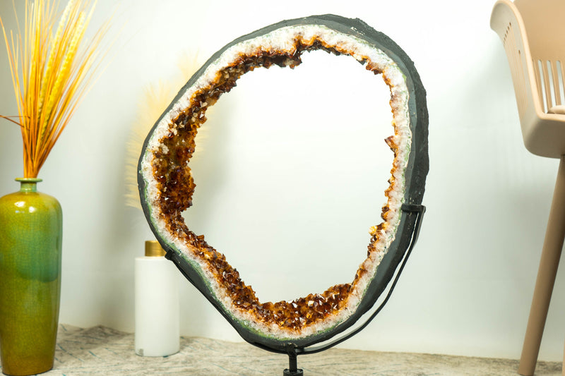 Rare Citrine Geode Slice with AAA Deep Orange Citrine Druzy - E2D Crystals & Minerals