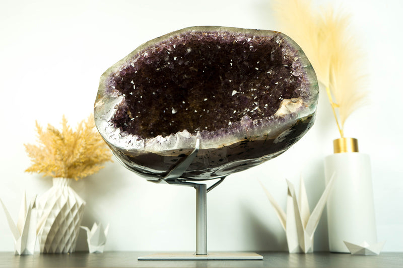Rare Amethyst Cave with Polished Agate Border, filled by Golden Goethite