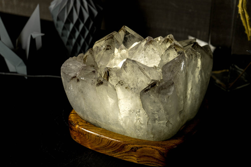 White Amethyst Geode Lamp In Bespoke Brazilian Wood Base