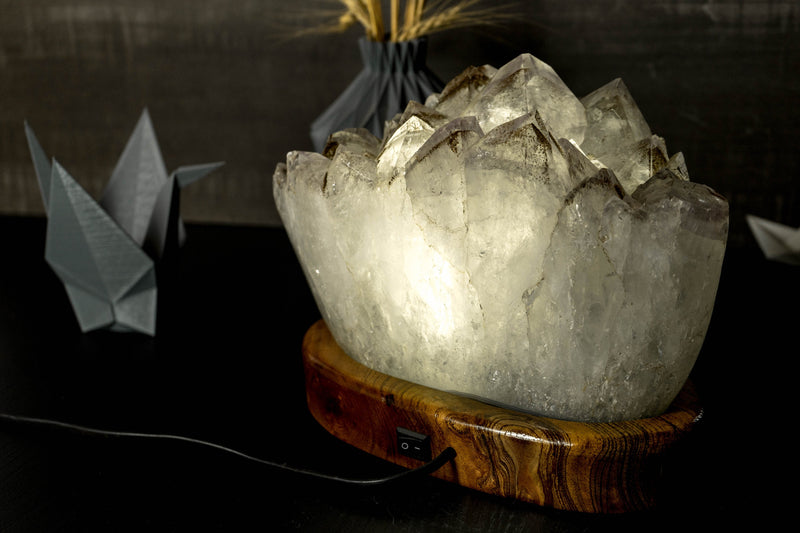 White Amethyst Geode Lamp In Bespoke Brazilian Wood Base