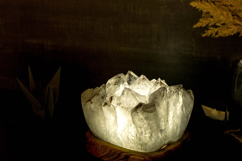 White Amethyst Geode Lamp In Bespoke Brazilian Wood Base