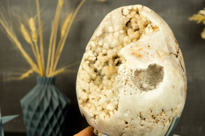 Large Natural Pink Amethyst Oval Sphere Geode with White Amethyst Druzy
