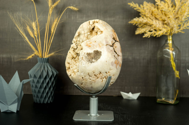 Large Natural Pink Amethyst Oval Sphere Geode with White Amethyst Druzy