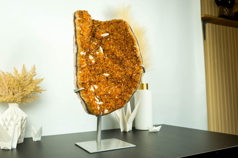 Deep Orange Citrine Cluster with Calcite Inclusions on Stand, 12.9 Kg - 28.3 lb - E2D Crystals & Minerals