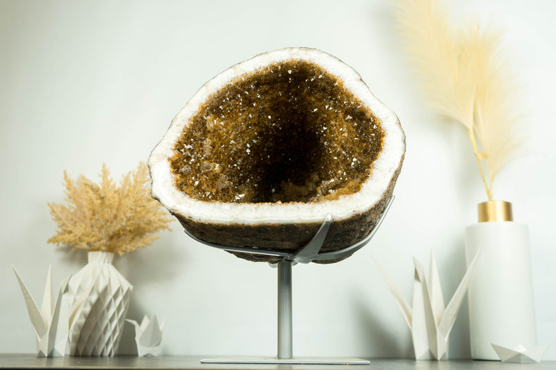Citrine Geode Cathedral with Sparkly Orange Citrine Points on Stand