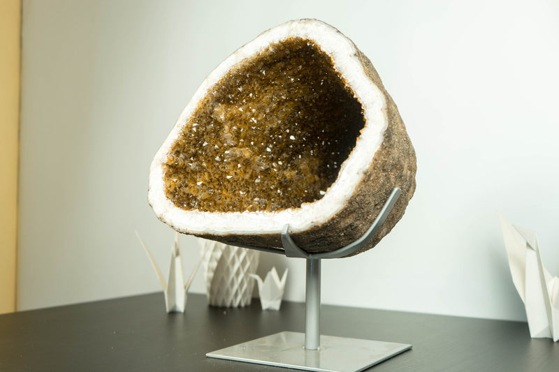 Citrine Geode Cathedral with Sparkly Orange Citrine Points on Stand