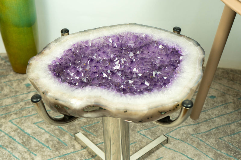 Amethyst Geode End Table on Handmade Inox Base with Lavender Purple Amethyst