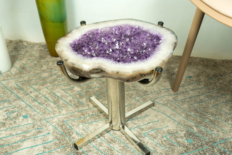 Amethyst Geode End Table on Handmade Inox Base with Lavender Purple Amethyst