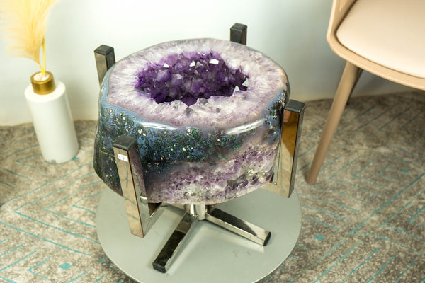 Amethyst mit Moosachat-Geode, Beistelltisch oder Couchtisch