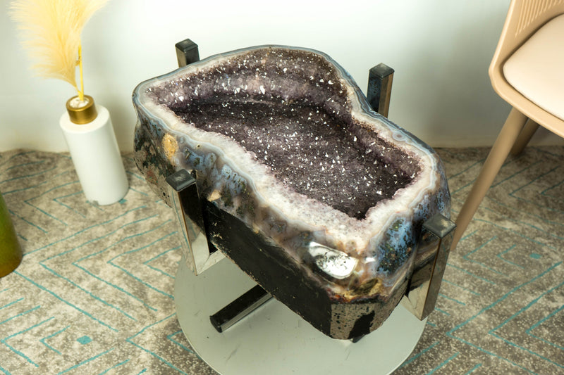 One-Off Galaxy Amethyst Geode Accent Table on Handmade Inox Base