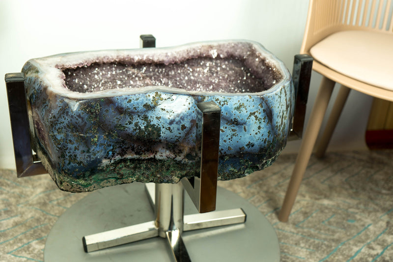 Einmaliger Galaxy Amethyst Geode Beistelltisch auf handgefertigtem Inox-Sockel