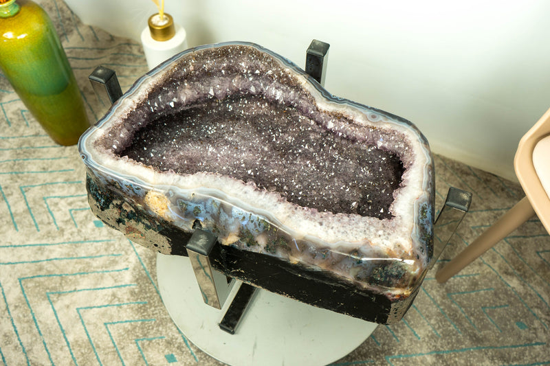 One-Off Galaxy Amethyst Geode Accent Table on Handmade Inox Base