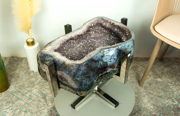 One-Off Galaxy Amethyst Geode Accent Table on Handmade Inox Base