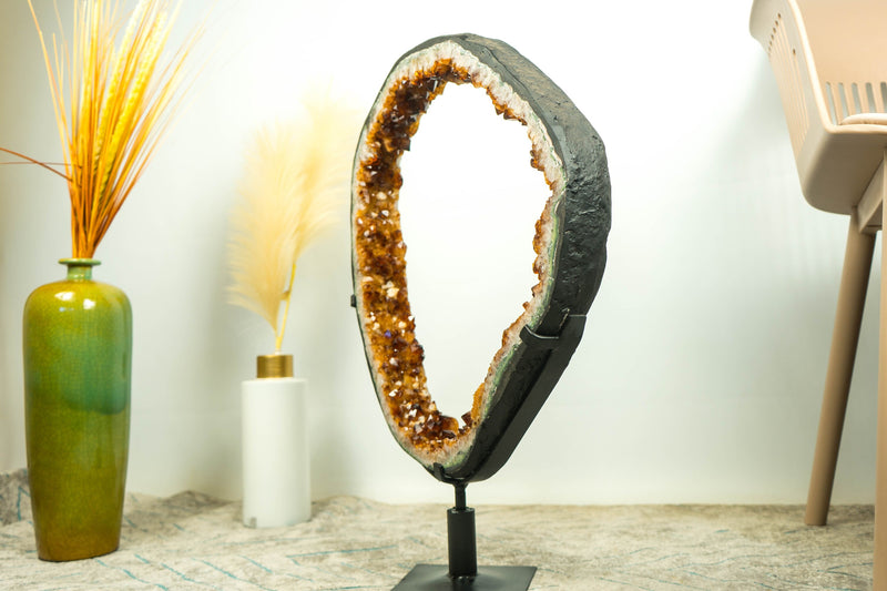 Rare Large Citrine Geode Slice with Deep Orange Citrine Druzy