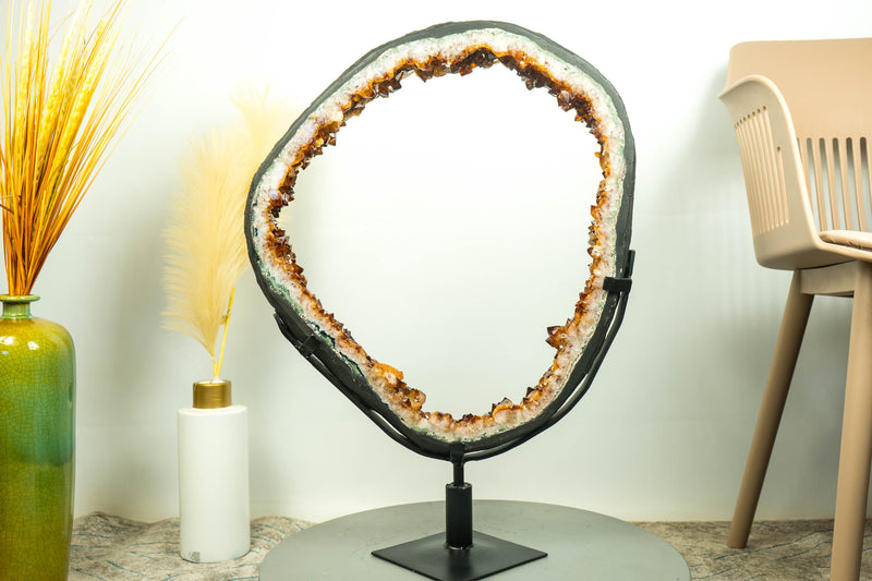 Rare Large Citrine Geode Slice with Deep Orange Citrine Druzy