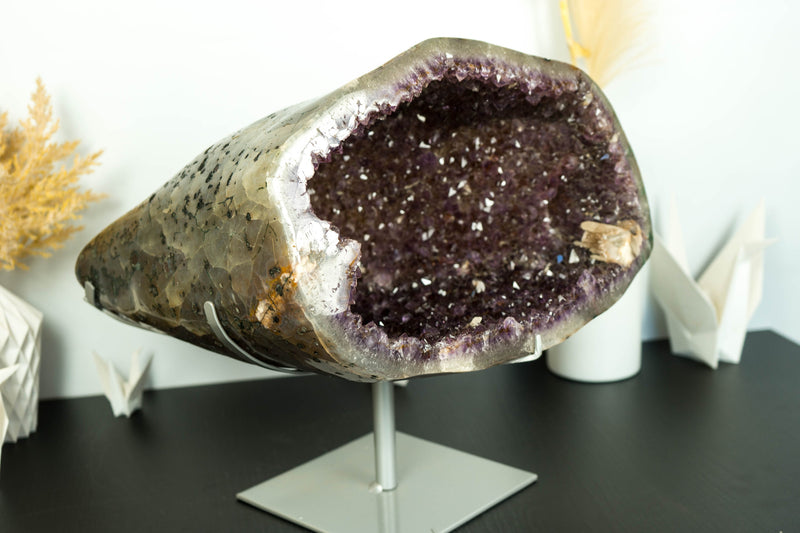 Rare Amethyst Cave with Polished Agate Border, filled by Golden Goethite