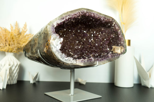 Rare Amethyst Cave with Polished Agate Border, filled by Golden Goethite